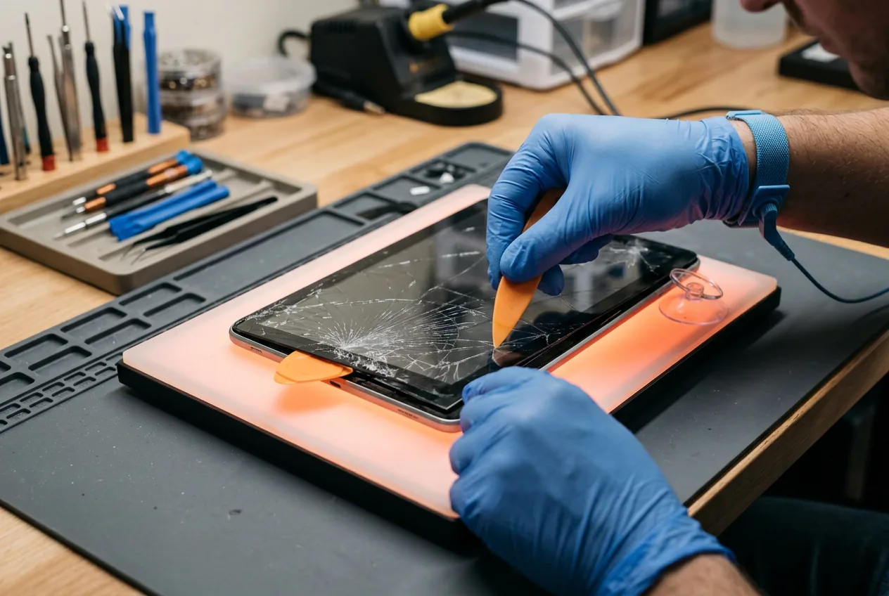 Tablet screen being separated with a heat platform and picks